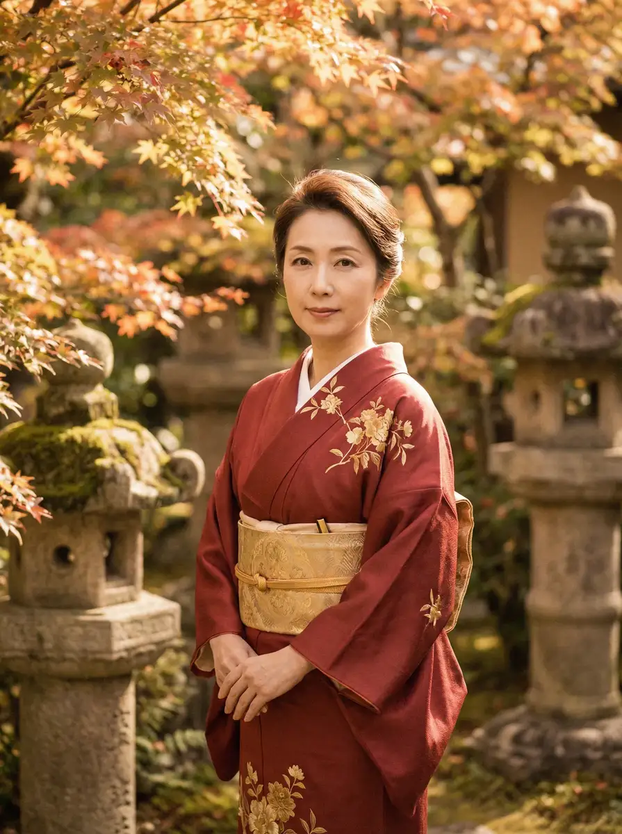 一位身穿暗红色和服的优雅 癫马女郎之一夜情 电影 在日式庭院中